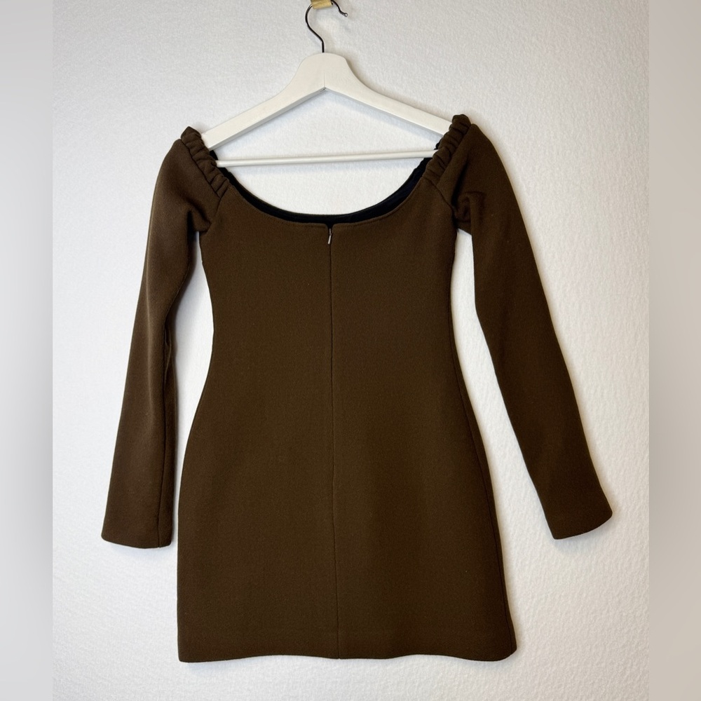 KHAITE Off-Shoulder Long Sleeve Mini Dress in Brown - Picture 5 of 8